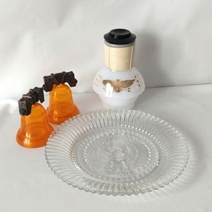 Americana, liberty bell salt and pepper shakers, eagle plate, coffee carafe